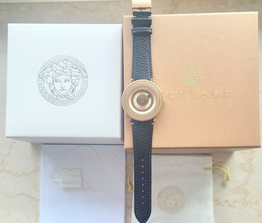 Versace V Metal Icon Black Dial Black Leather Strap Watch For Men - VQL020015