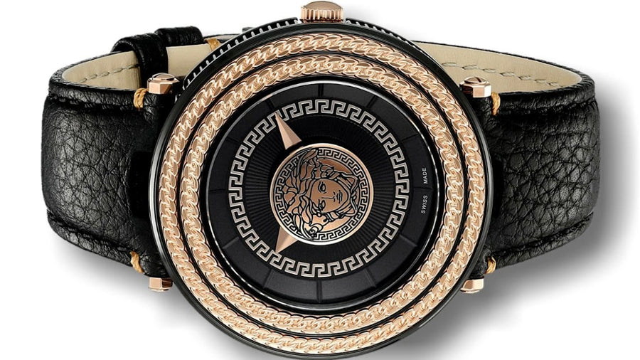 Versace V-Metal Icon Black Dial Black Leather Strap Watch For Men - VQL030015