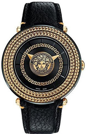 Versace V-Metal Icon Black Dial Black Leather Strap Watch For Men - VQL030015