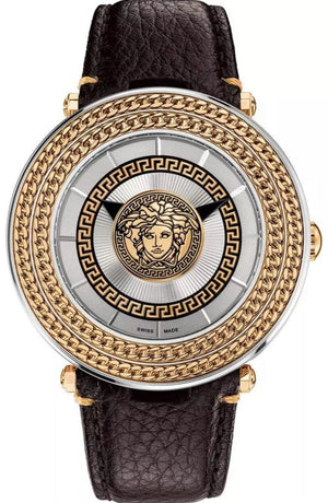Versace V Metal Icon Quartz Silver Dial Brown Leather Strap Watch For Men - VQL010015