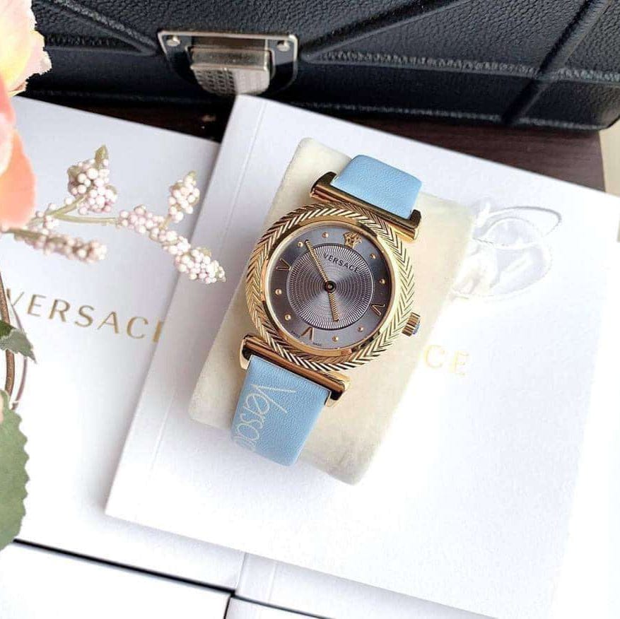 Versace V-Motif Grey Dial Blue Leather Strap Watch for Women - VERE00318