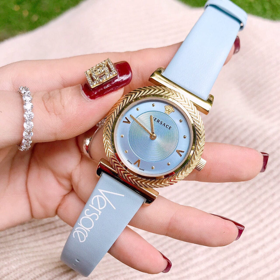 Versace V-Motif Grey Dial Blue Leather Strap Watch for Women - VERE00318