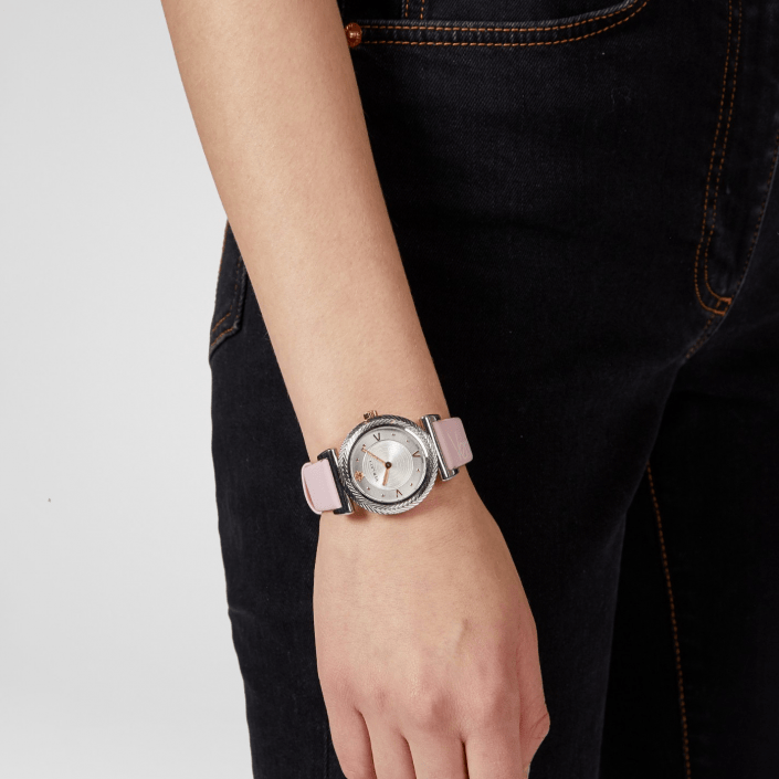 Versace V-Motif Silver Dial Pink Leather Strap Watch for Women - VERE00118