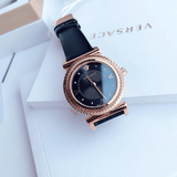 Versace V-Motif Vintage Logo Black Dial Black Leather Strap Watch for Women - VERE00818