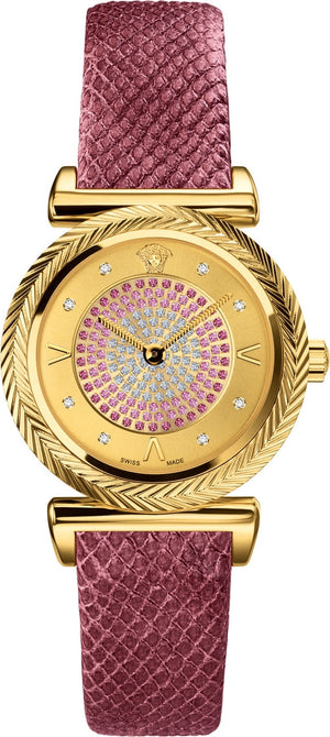 Versace V-Motif Vintage Logo Diamonds Gold Dial Pink Leather Strap Watch for Women - VERE01118