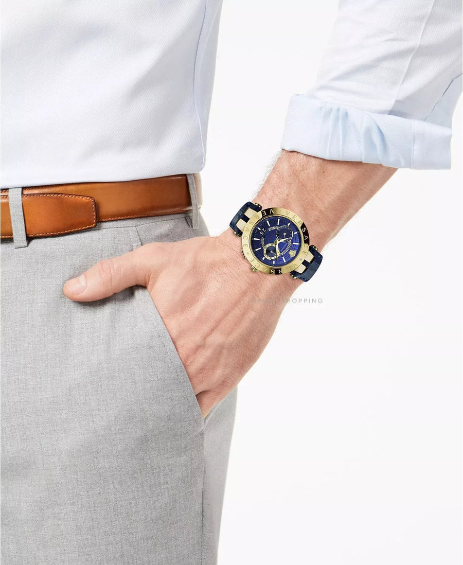 Versace V-Race Multifunction Quartz Blue Dial Blue Leather Strap Watch For Men - VEBV00219