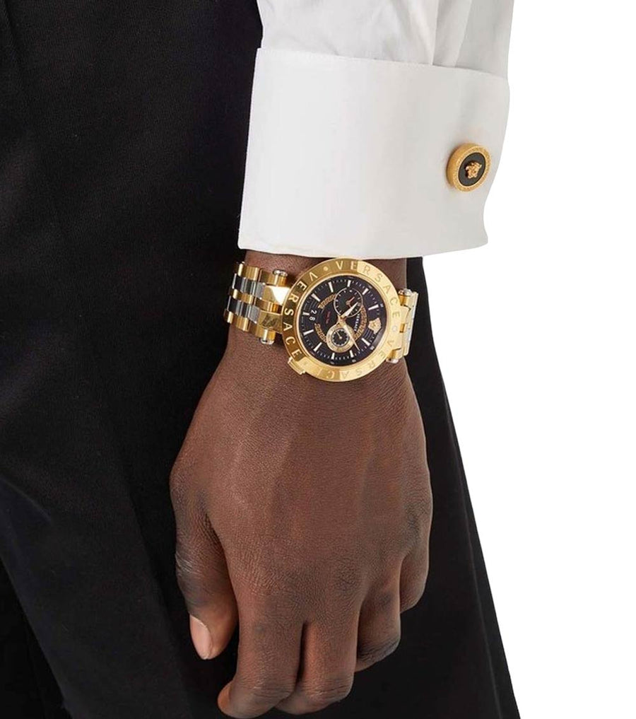 Versace V-Race Quartz Black Dial Gold Steel Strap Watch For Men - VEBV00519