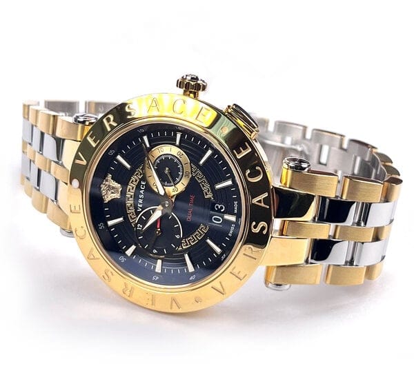 Versace V-Race Quartz Black Dial Gold Steel Strap Watch For Men - VEBV00519