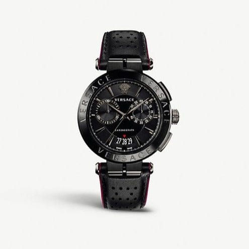Versace V-Racer Aion Chronograph Black Dial Black Leather Strap Watch for Men - VBR030017