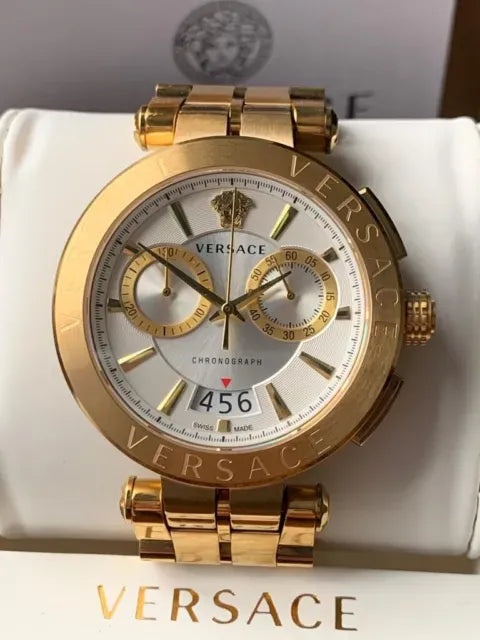 Versace V Racer Chronograph White Dial Gold Steel Strap Watch for Men - VBR060017