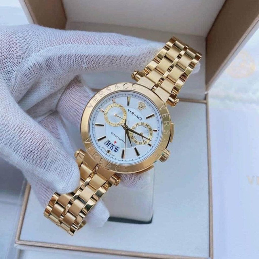 Versace V Racer Chronograph White Dial Gold Steel Strap Watch for Men - VBR060017