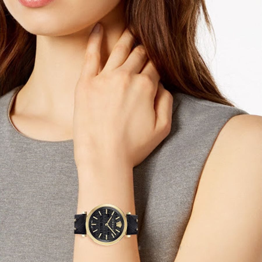 Versace V-Twist Black Dial Black Leather Strap Watch for Women - VELS00619