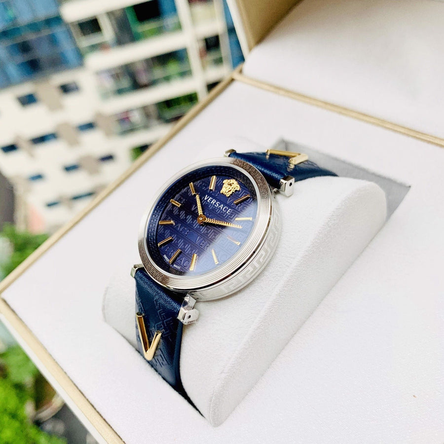 Versace V-Twist Quartz Blue Dial Blue Leather Strap Watch for Women - VELS00119