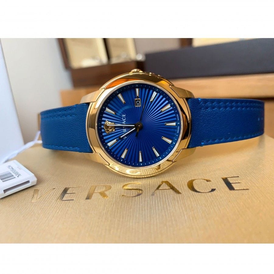 Versace V-Urban Quartz Blue Dial Blue Leather Strap Watch for Men - VELQ00319