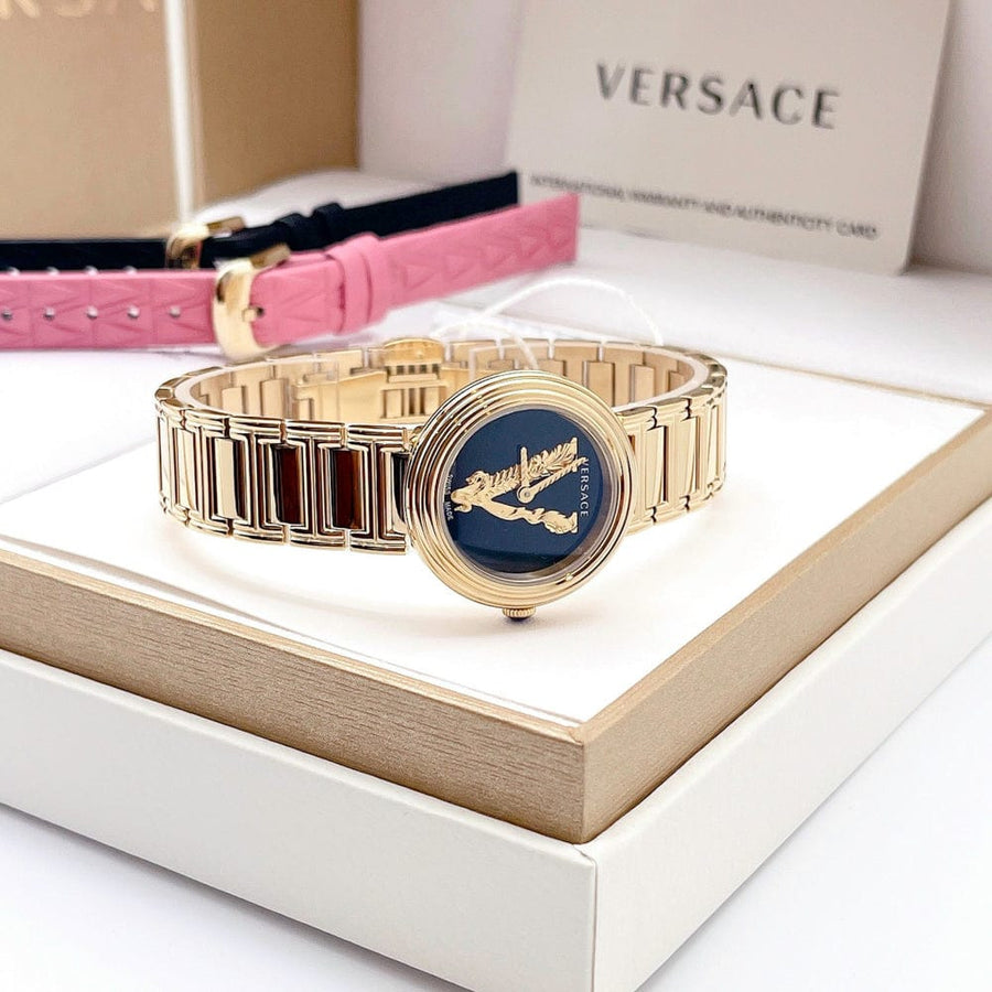 Versace V Virtus Quartz Black Dial Gold Steel Strap Watch For Women - VET300121