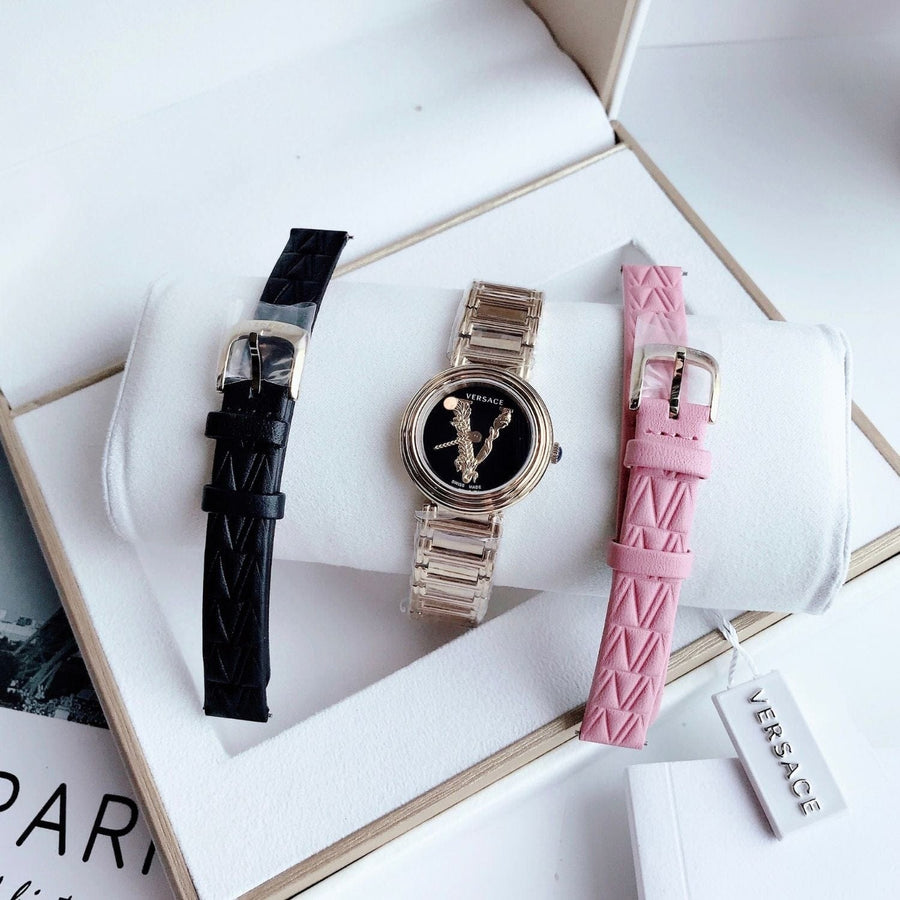 Versace V Virtus Quartz Black Dial Gold Steel Strap Watch For Women - VET300121