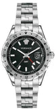 Versace Hellenyium GMT Black Dial Silver Steel Strap Watch for Men - V11020015