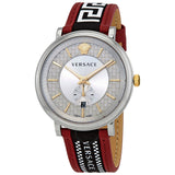 Versace V Circle Silver Dial Two Tone Leather Strap Watch for Men - VEBQ01319