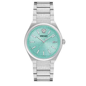 Versace V-Auria Quartz Turquoise Dial Silver Steel Strap Watch for Women - VE0F00225