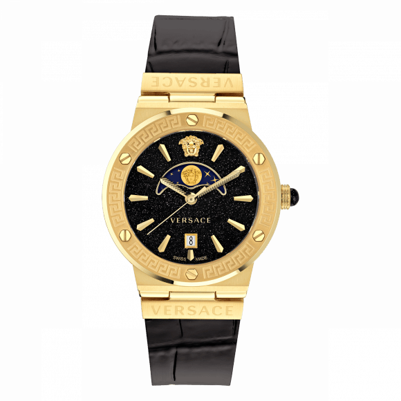 Versace Greca Moonphase Analog Black Dial Black Leather Strap Watch For Men - VE7G00123