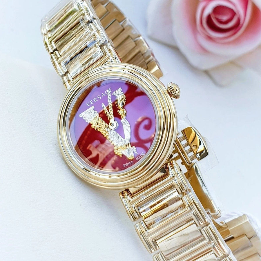 Versace Virtus Mini Quartz Red Dial Gold Steel Strap Watch For Women - VET300321