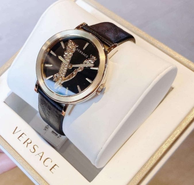 Versace Virtus Quartz Black Dial Black Leather Strap Watch for Women - VEHC00119