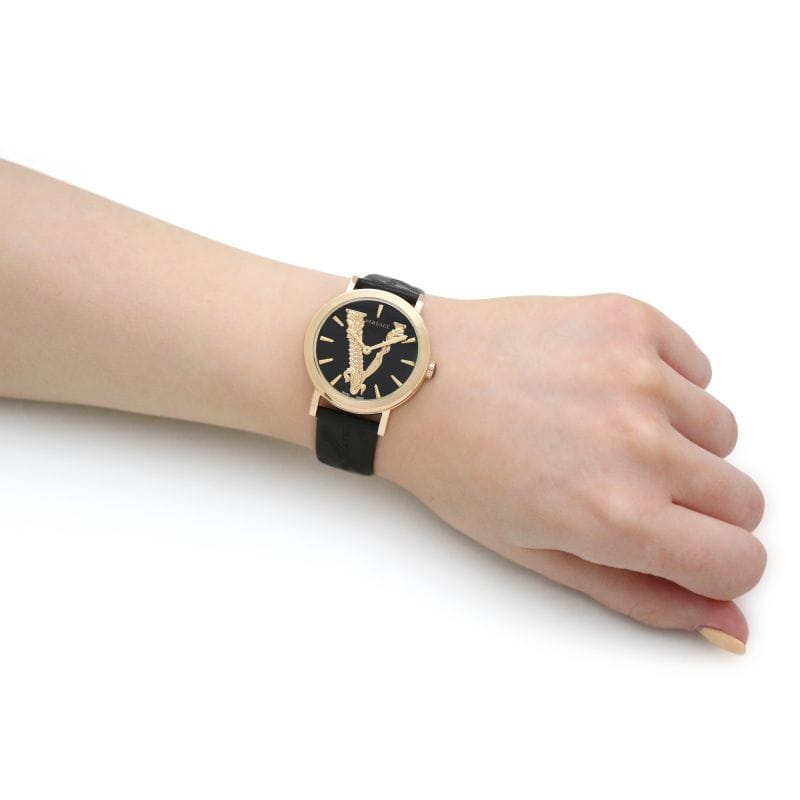 Versace Virtus Quartz Black Dial Black Leather Strap Watch for Women - VEHC00119