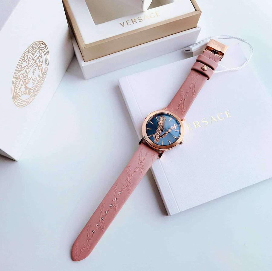 Versace Virtus Quartz Grey Dial Pink Leather Strap Watch for Women - VEHC00319