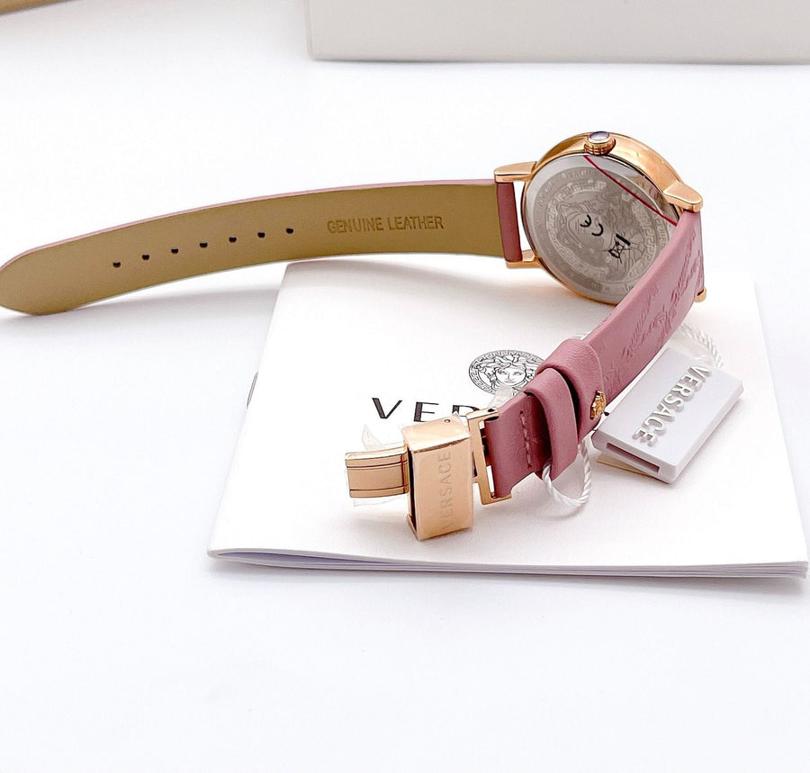 Versace Virtus Quartz Grey Dial Pink Leather Strap Watch for Women - VEHC00319