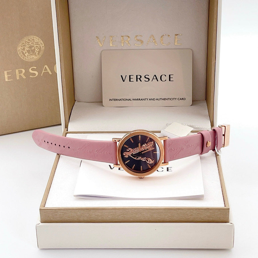 Versace Virtus Quartz Grey Dial Pink Leather Strap Watch for Women - VEHC00319