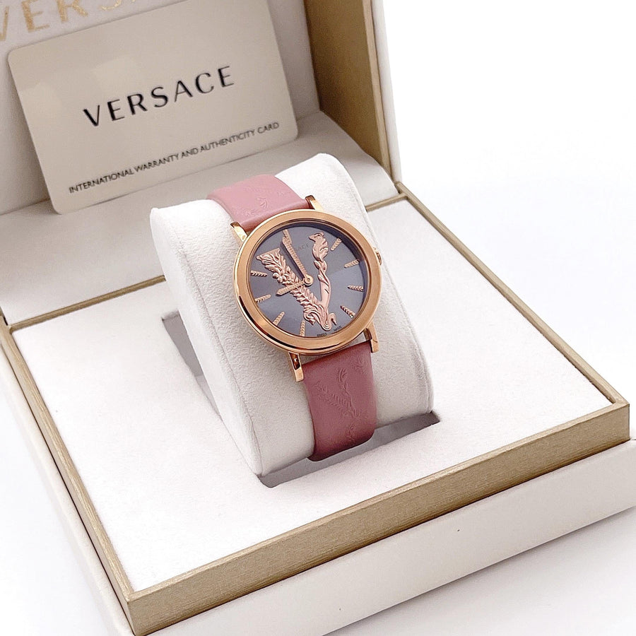 Versace Virtus Quartz Grey Dial Pink Leather Strap Watch for Women - VEHC00319