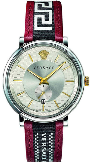 Versace V Circle Silver Dial Two Tone Leather Strap Watch for Men - VEBQ01319