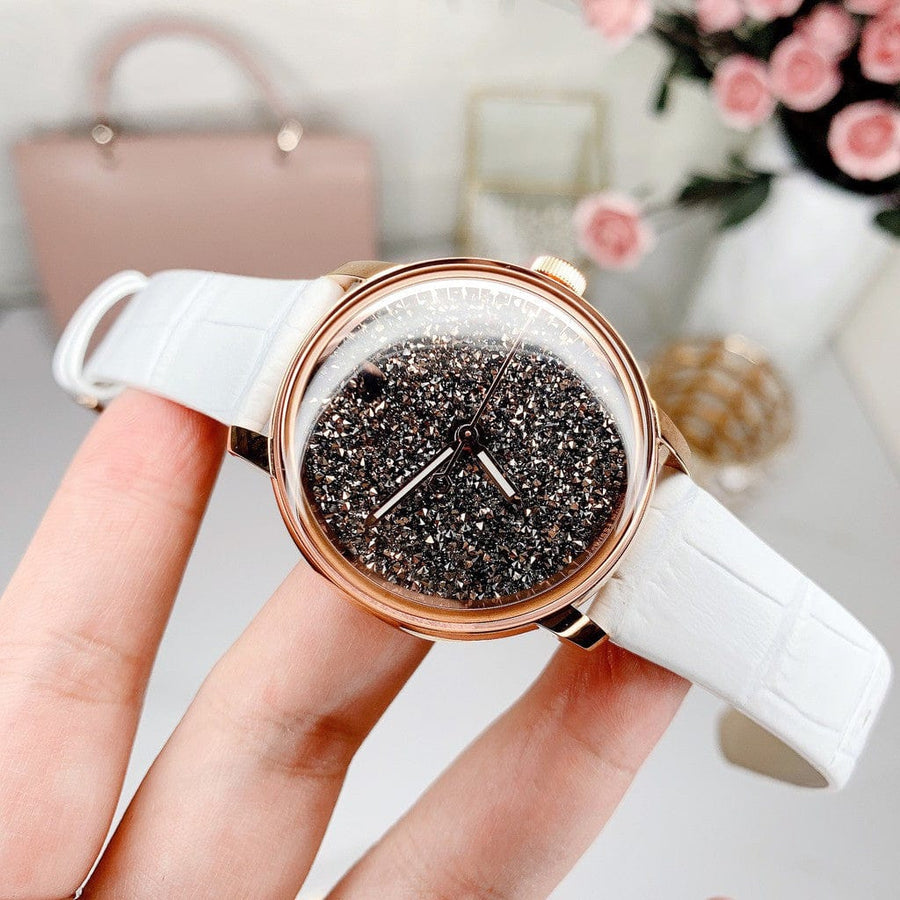 Swarovski Crystalline Hours Quartz Grey Dial Black Leather Strap Watch for Women - 5344635