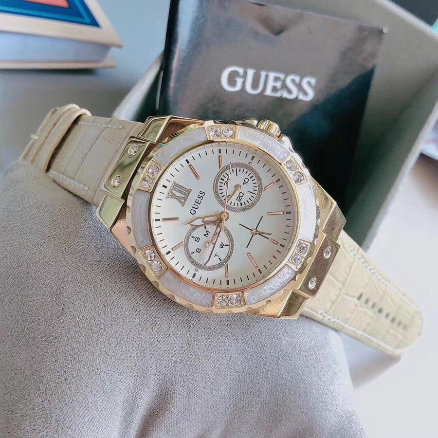 Guess Limelight Quartz Silver Dial Golden Leather Strap Watch For Women - W0775L2