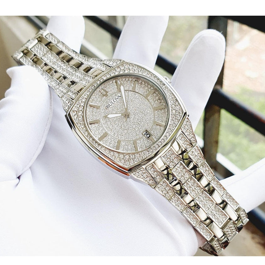 Bulova Phantom Swarovski Crystal Pave Silver Dial Silver Steel Strap Watch for Men - 98B296