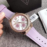 Guess Starlight Diamonds White Dial Purple Rubber Strap Watch for Women - W0846L6