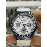 Guess Starlight Diamonds Silver Dial White Rubber Strap Watch for Women - W0846L7