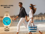 Michael Kors Slim Runway Blue Mother of Pearl Dial Gold Steel Strap Watch for Women - MK3492