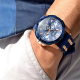 Guess Oasis Blue Dial Blue & Rose Gold Stainless Steel Strap Watch For Men - W0366G4