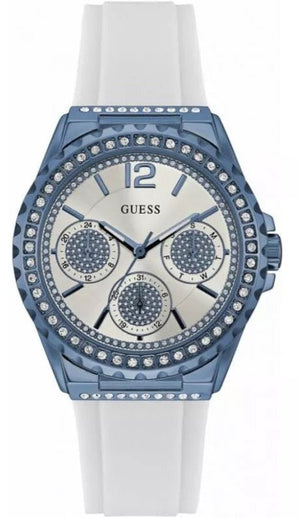 Guess Starlight Diamonds Silver Dial White Rubber Strap Watch for Women - W0846L7