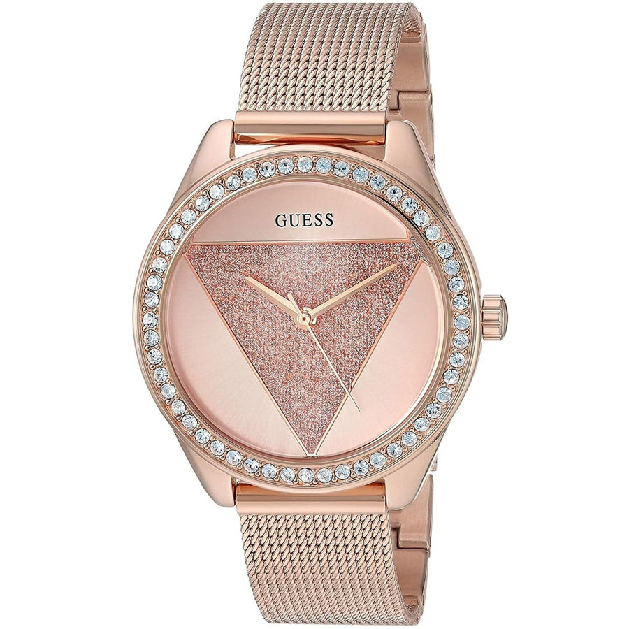 Guess Tri Glitz Quartz Diamonds Rose Gold Dial Rose Gold Mesh Bracelet Watch For Women - W1142L4