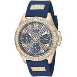 Guess Frontier DIamonds Gold Dial Blue Rubber Strap Watch For Women - W1160L3