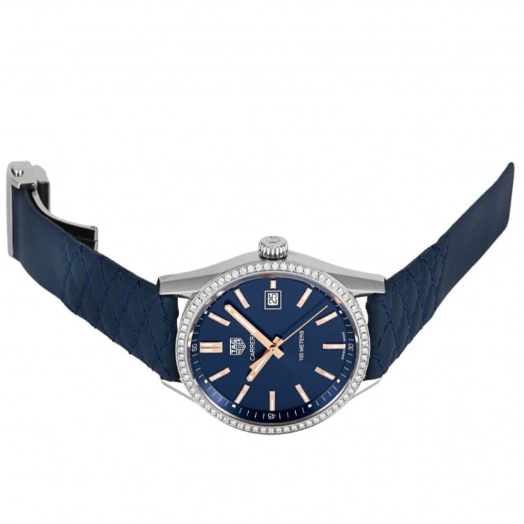 Tag Heuer Carrera Quartz Diamonds Blue Dial Blue Leather Strap Watch for Women - WAR1114.FC6391