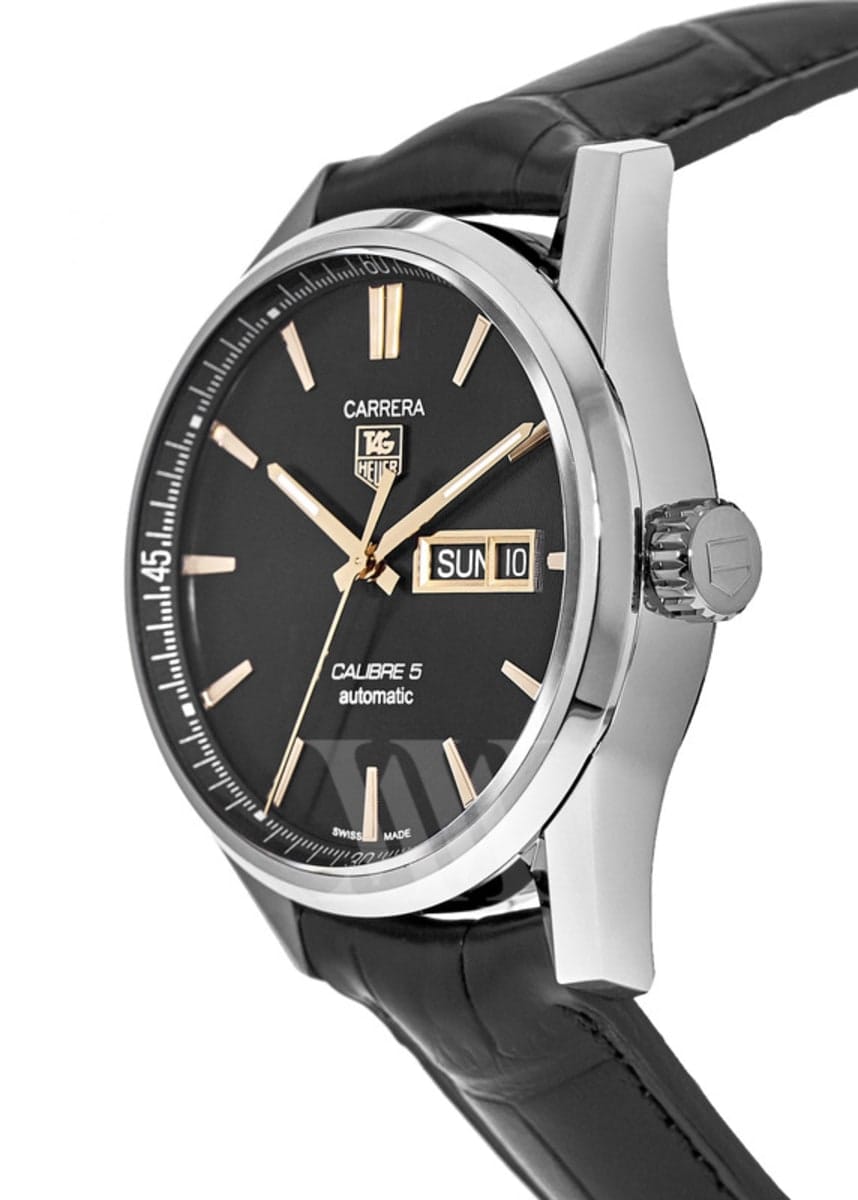 Tag Heuer Carrera Calibre 5 Automatic Black Dial Black Leather Strap Watch for Men - WAR201C.FC6266