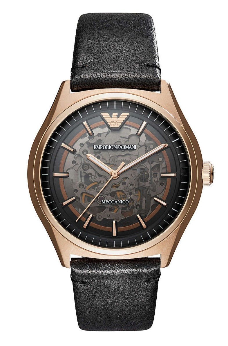 Emporio Armani Meccanico Black Dial Black Leather Watch For Men - AR60004