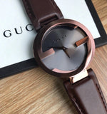 Gucci Interlocking G 18K Gold Black Dial Brown Leather Strap Watch For Women - YA133304