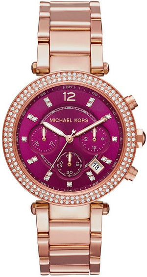 Michael Kors Parker Chronograph Purple Dial Rose Gold Steel Strap Watch For Women - MK6417