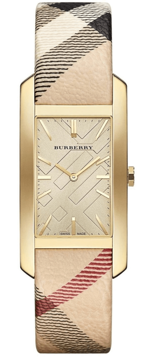 Burberry Pioneer Gold Dial Haymarket Beige Leather Strap Watch for Women - BU9509