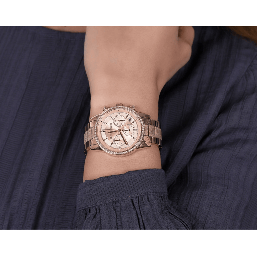 Michael Kors Ritz Chronograph Rose Gold Dial Rose Gold Steel Strap Watch For Women - MK6598