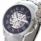 Fossil Grant Automatic Skeleton Black Dial Silver Steel Strap Watch for Men - ME3103